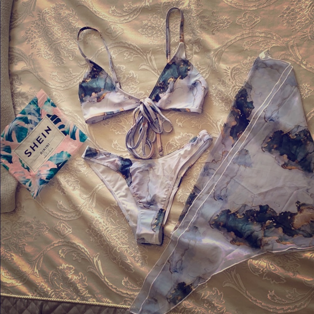 Marble gold colored bikini with cover up wrap.